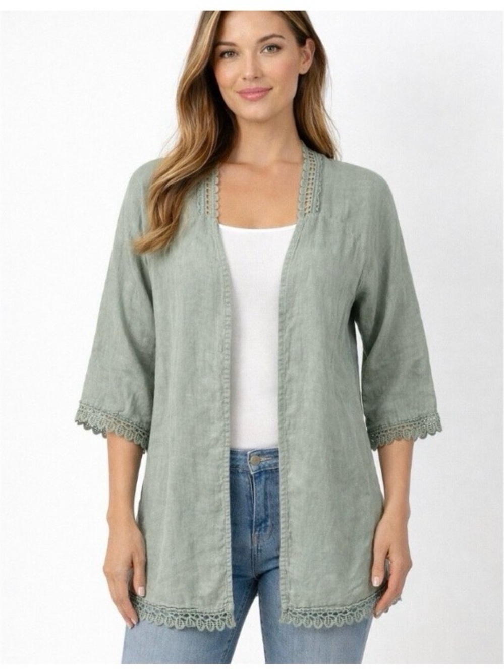 Valentina Naldi Light Sage Green Lace-Trim Linen Open Cardigan Jacket 3787